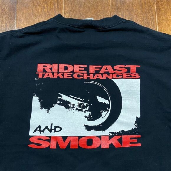 Fruit Of The Loom Vintage Y2K Ride Fast Black Red Graphic T-Shirt Men's Large - Picture 2 of 8
